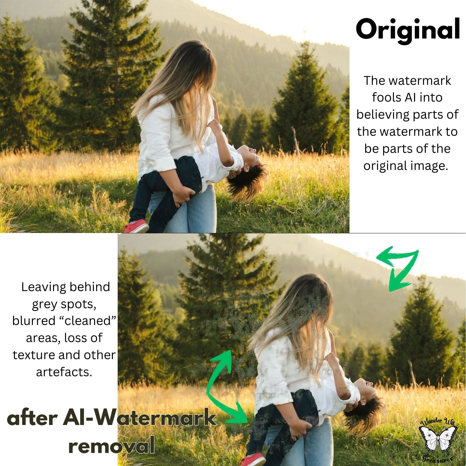 Comparison photo with original photo and image after attempted AI watermark removal, showing blurred areas, grey spots and loss of texture where the watermark was applied.
