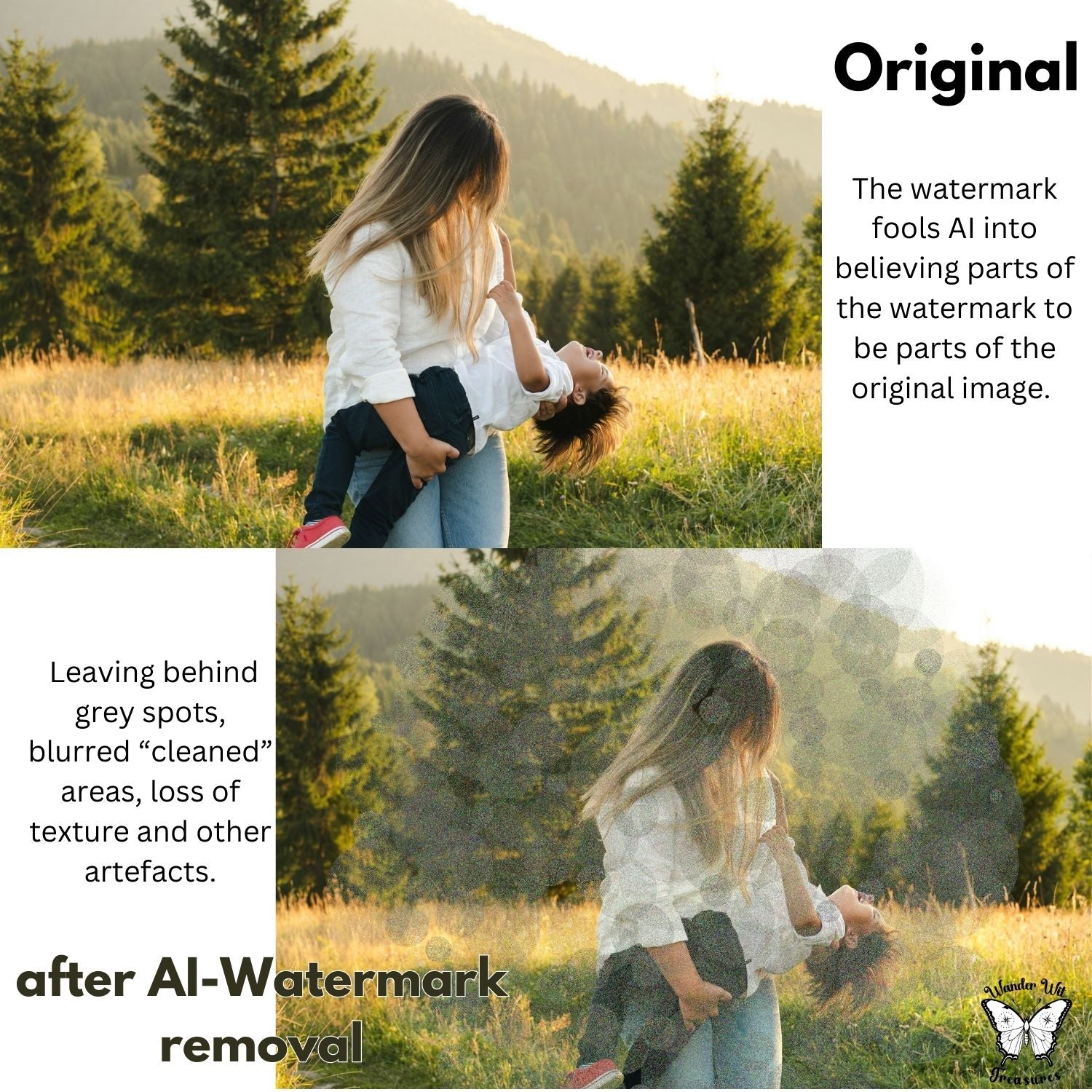 Comparison showing the original photo and the image after AI watermark removal, with visible blur, grey spots and texture loss.
