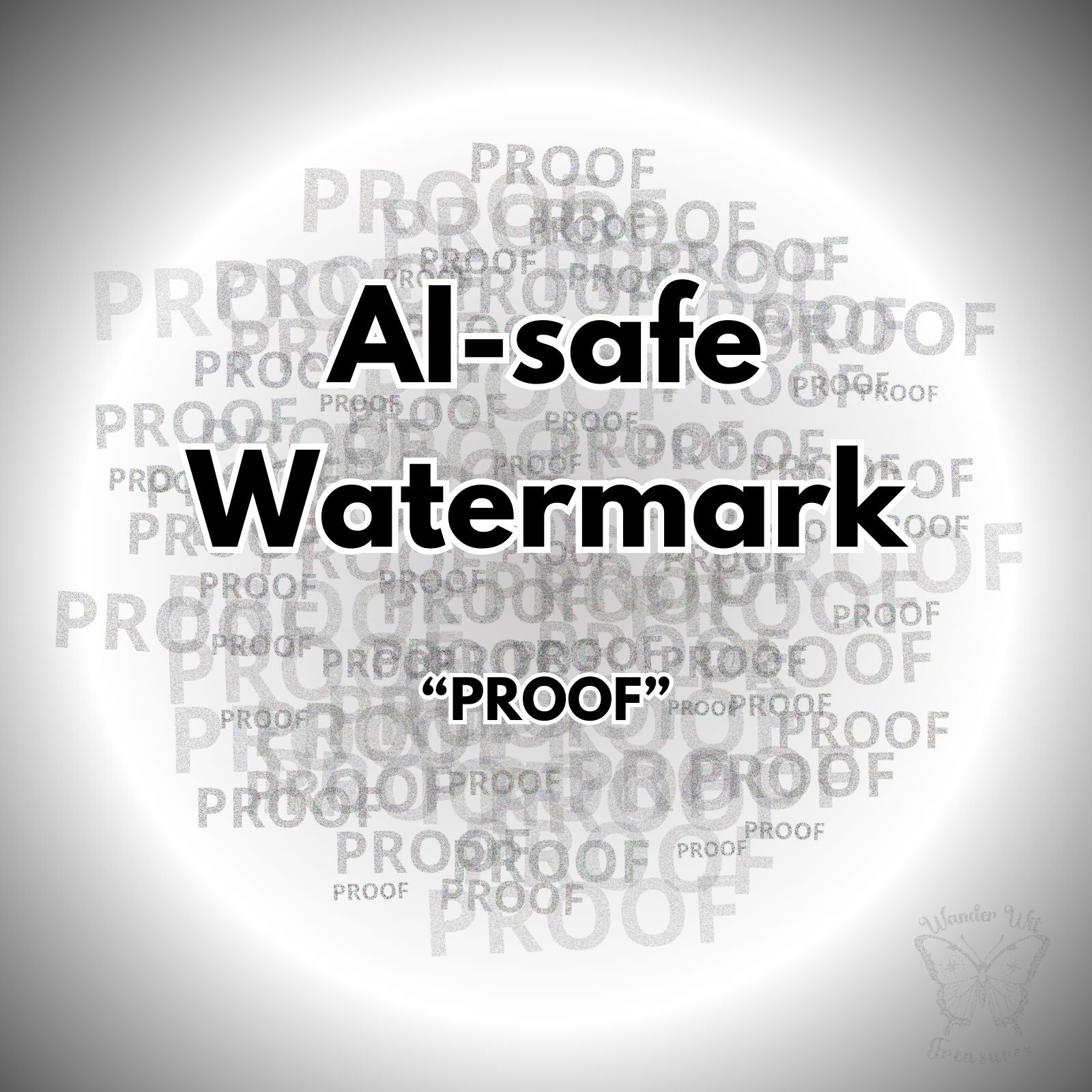 AI-safe “Proof” watermark shown as a word cloud design. AI-resistant watermark PNG with transparent background, created to protect photos and online images from AI-based watermark removal.