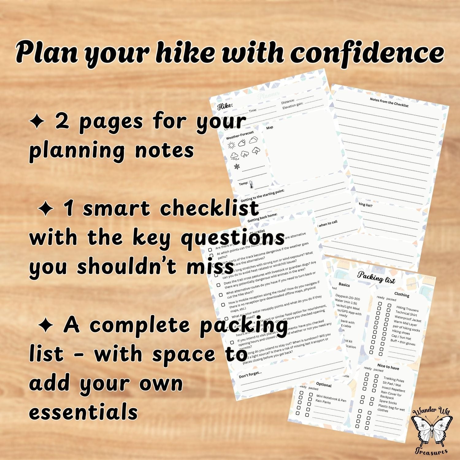 Hiking planning sheets with text on a wooden background