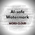 Text overlay with 'Al-safe Watermark Word Cloud' on a gray background with repeated 'Your Shop Name' text.