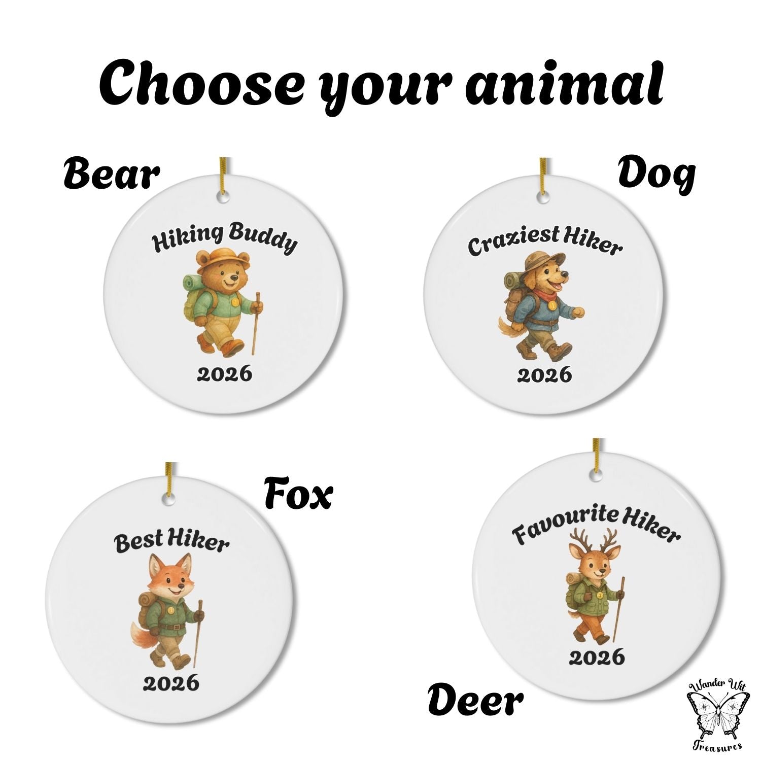 Personalized hiking ornaments with different animal hiker designs, each with a custom title and year.