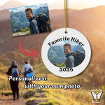 Custom hiking ornament personalized with your own photo, including a title and year on the front.