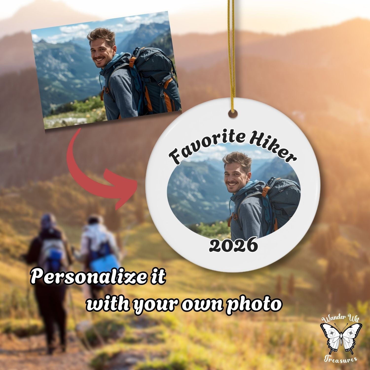 Custom hiking ornament personalized with your own photo, including a title and year on the front.
