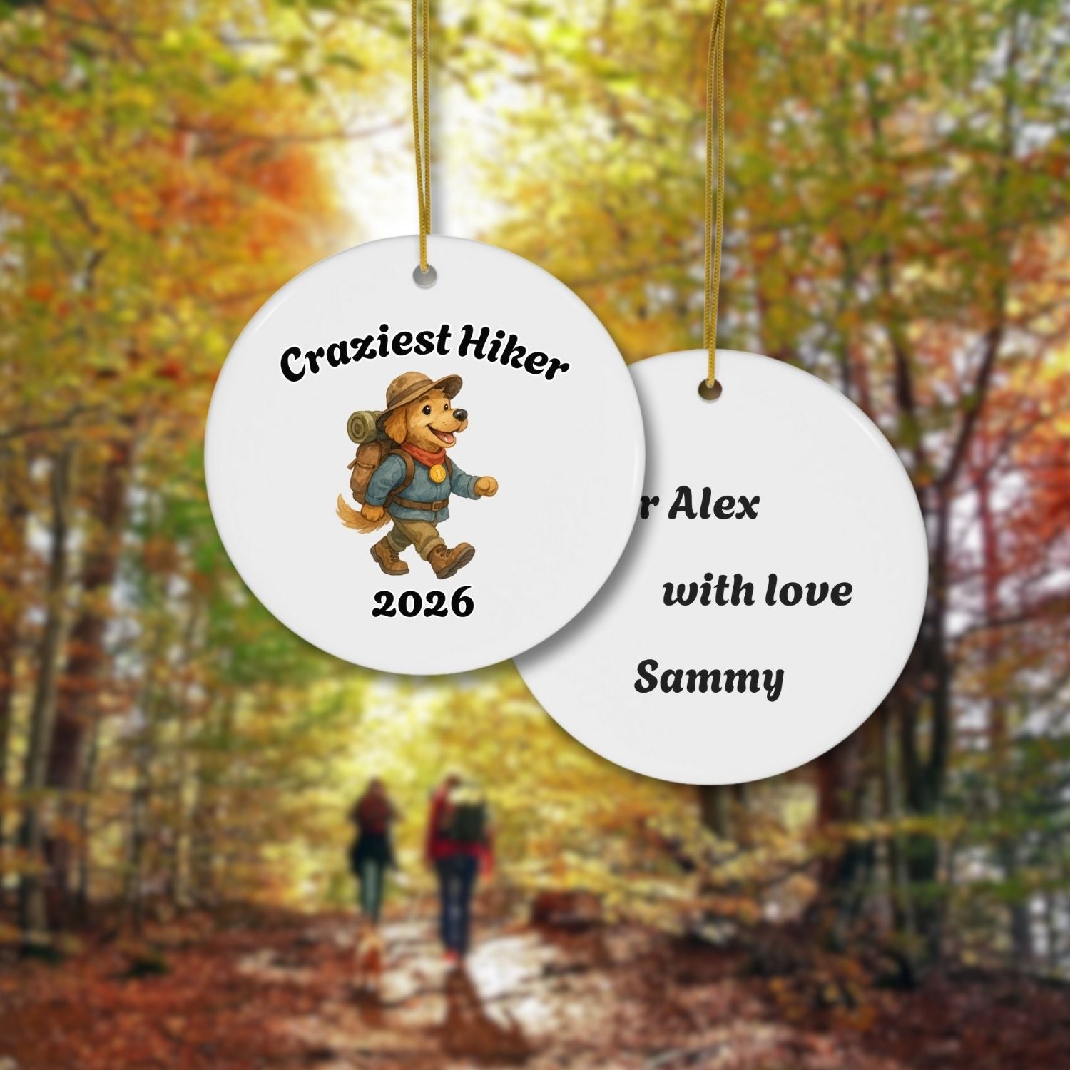 Personalized hiking ornament with custom title and year, animal hiker design on front and personal message on the back.
