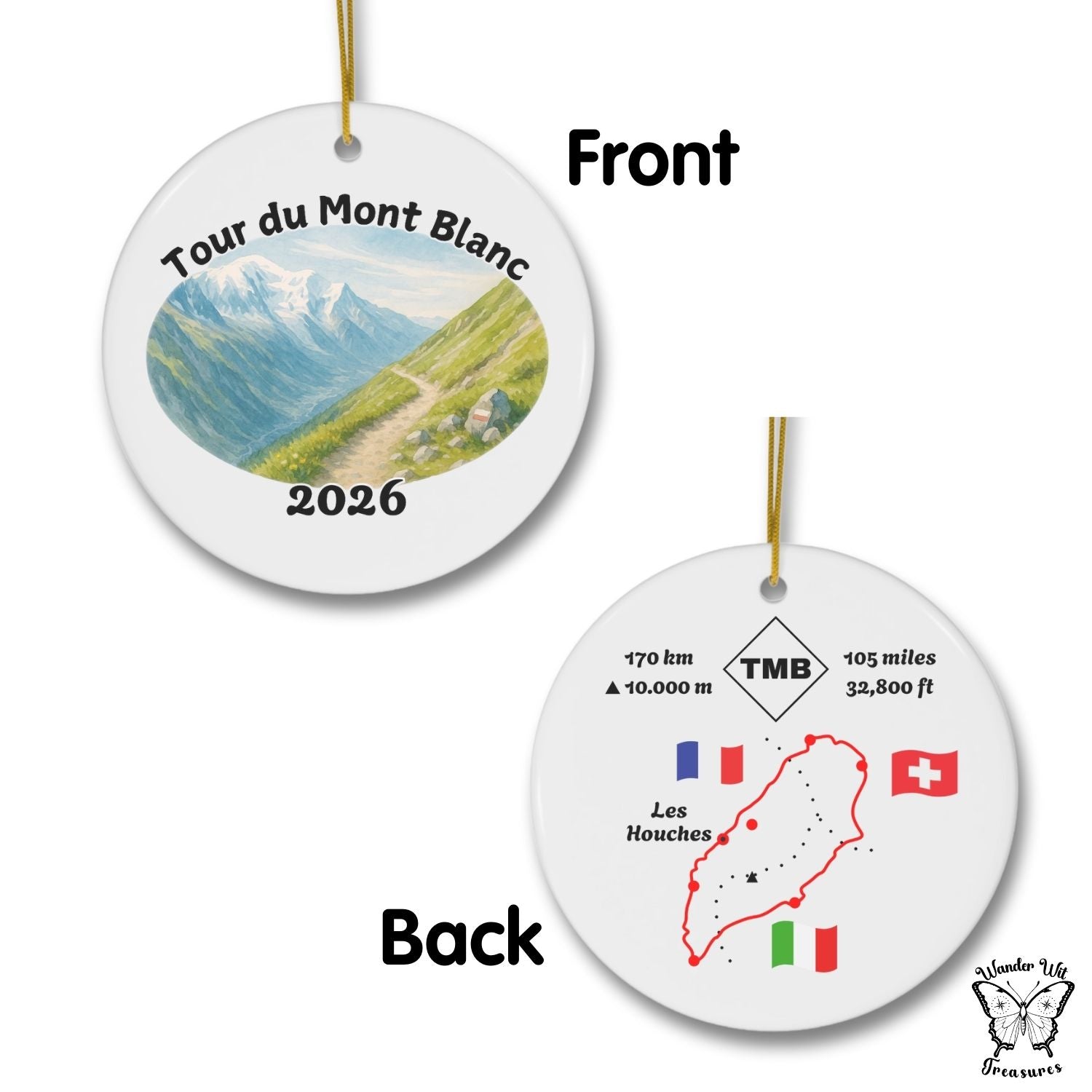 Tour du Mont Blanc round ceramic ornament with front trail watercolor and back map with TMB route, distances in km and miles, and country flags.