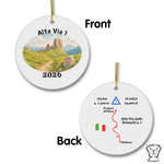 Front and back view of the Alta Via 1 ceramic ornament showing the watercolor trail artwork on the front with year and the customizable trail map on the back with distance and elevation for hikers.