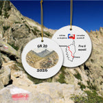 GR 20 trail ornament front and back shown outdoors with Corsican mountain background, watercolor hiking design and route map details.