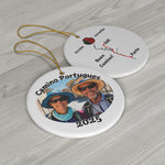 Front and Back of customized photo-ornament on white table