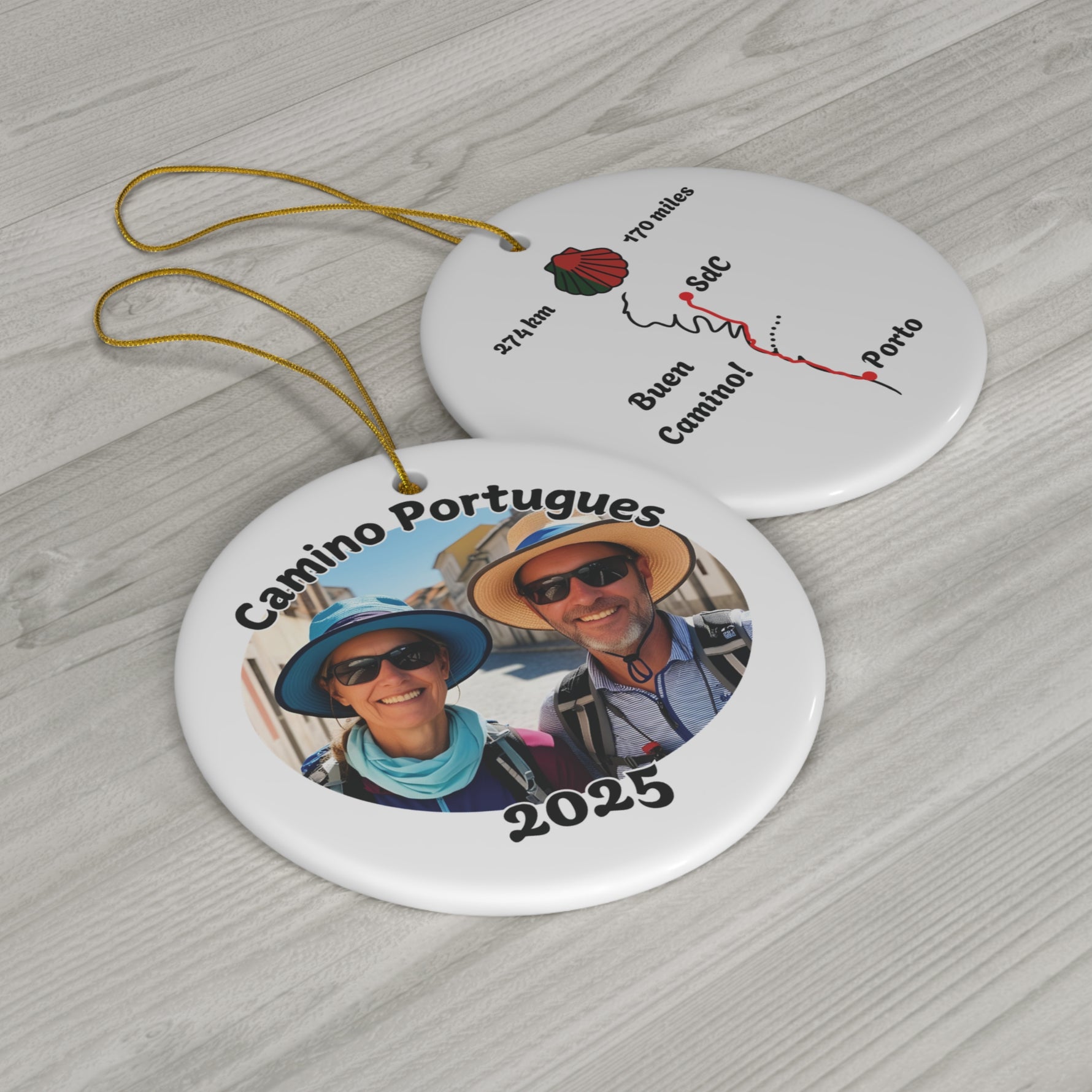 Front and Back of customized photo-ornament on white table