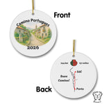 Front and Back of zentral Version of Camino Portugues ornament shown on white background