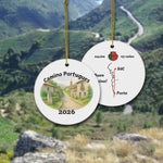 Front and Back of Camino Portugues Ornament Central Trail shown in front of Galician landscape.