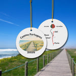 Front and Back of Caminp Portugues Ornament Coastal Trail shown on Coastal Camino Landscape.