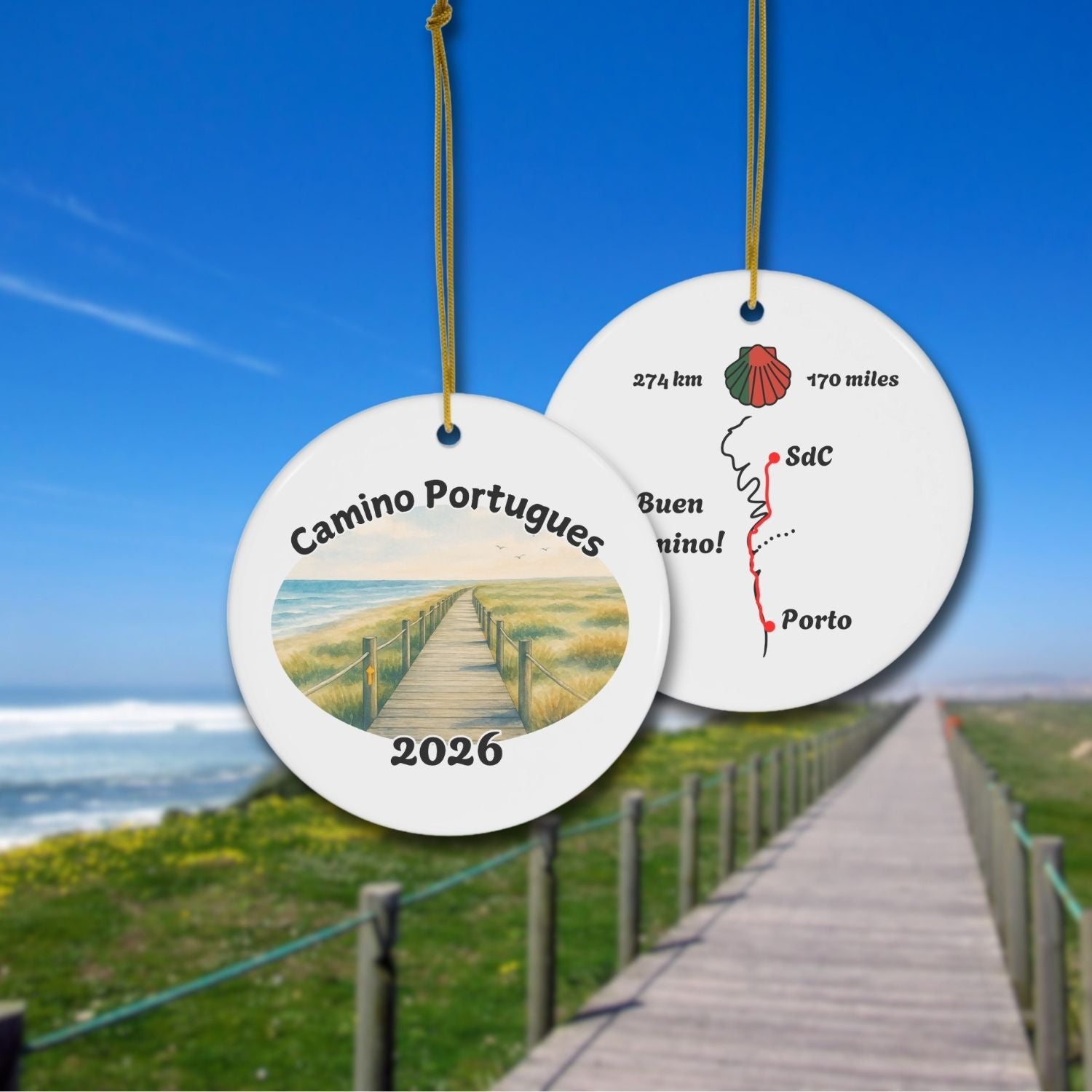 Front and Back of Caminp Portugues Ornament Coastal Trail shown on Coastal Camino Landscape.