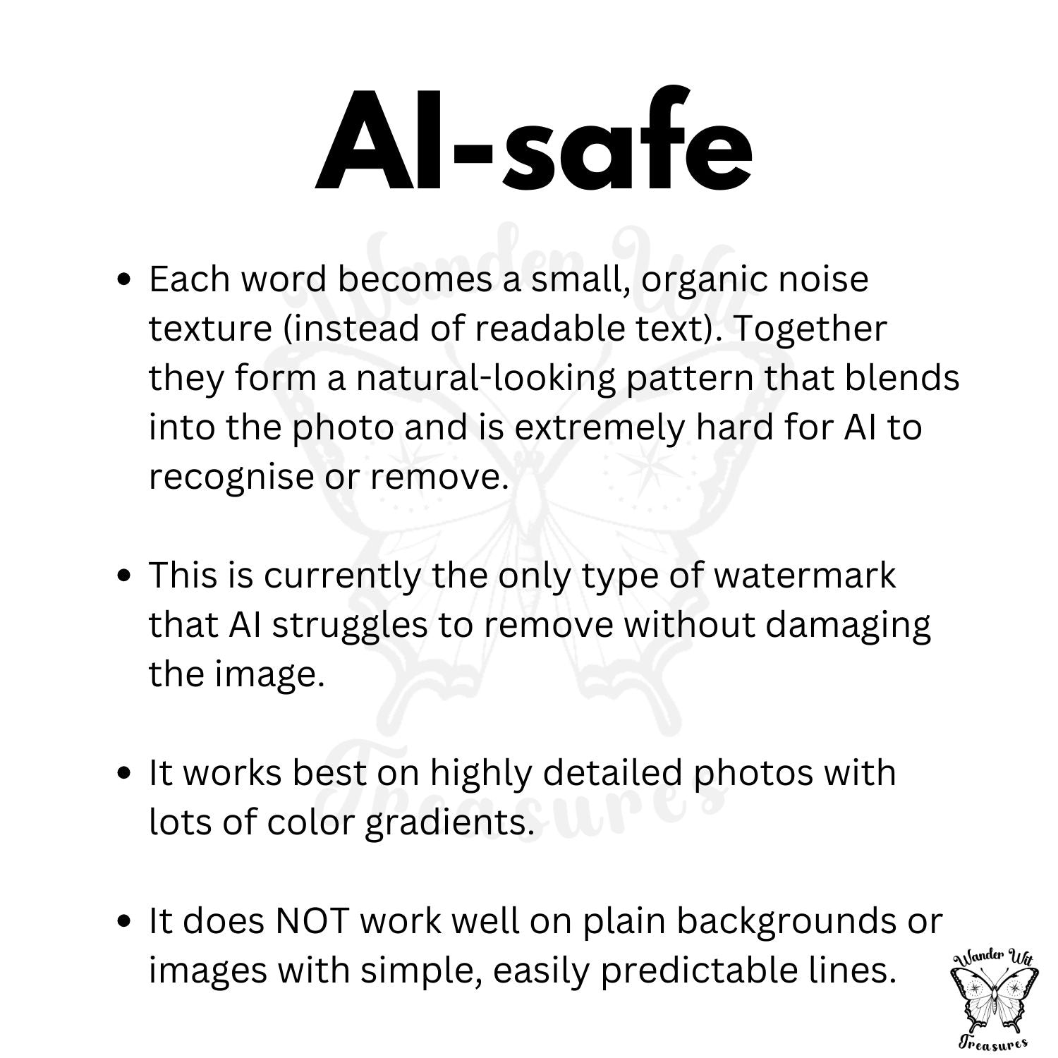 Information graphic explaining the AI-safe watermark concept. Words form an organic noise pattern that blends into detailed photos and is hard for AI to recognise or remove.