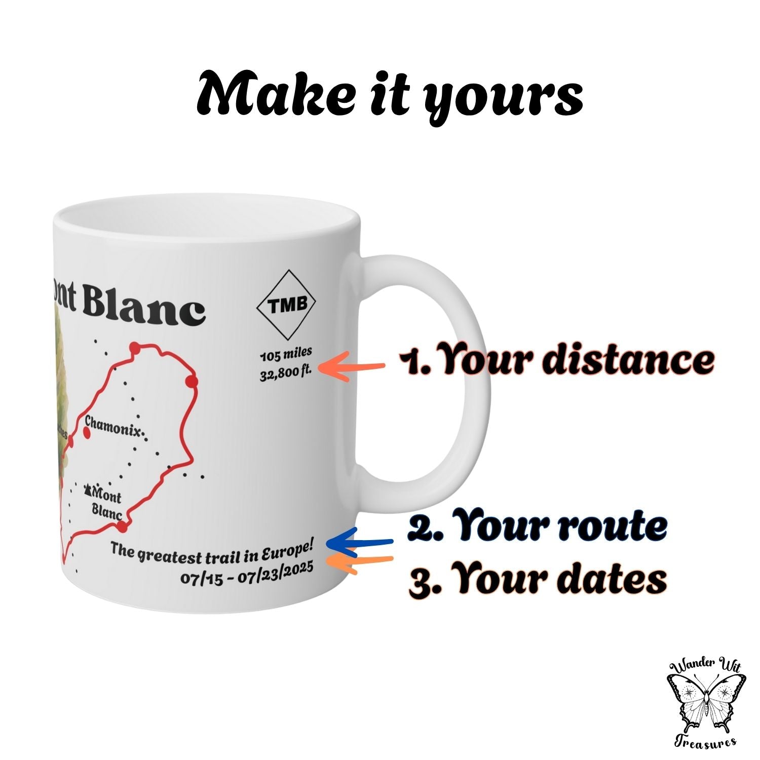 Detail view of Tour du Mont Blanc mug highlighting three customisation options: your distance, your route, your dates.