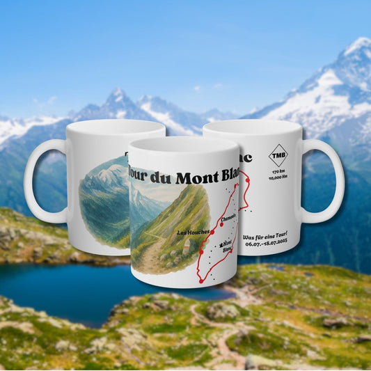 Tour du Mont Blanc mugs shown outdoors with real alpine scenery in the background – perfect for hikers who love the TMB trail.