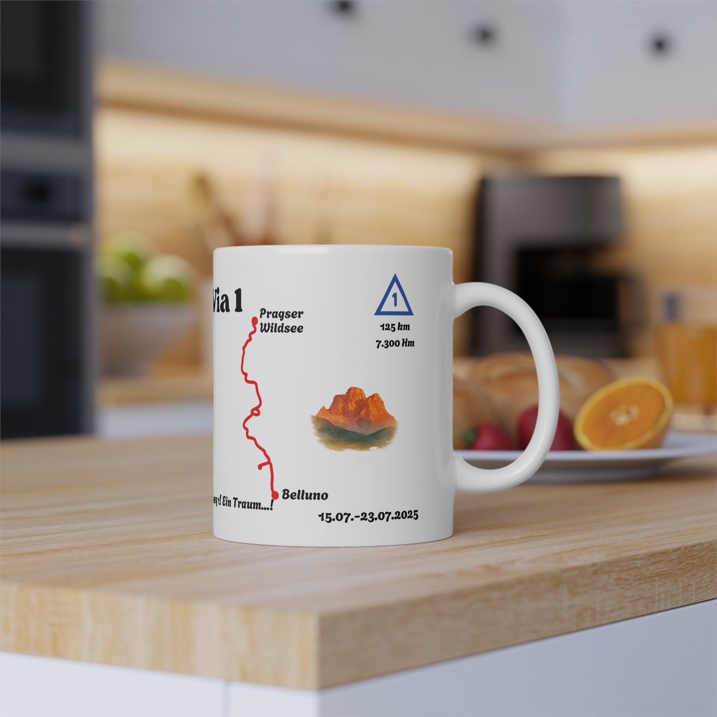 Mockup of the Alta Via 1 mug in a cozy kitchen scene, highlighting personalized details like distance, elevation gain, travel dates, and route endpoints.
