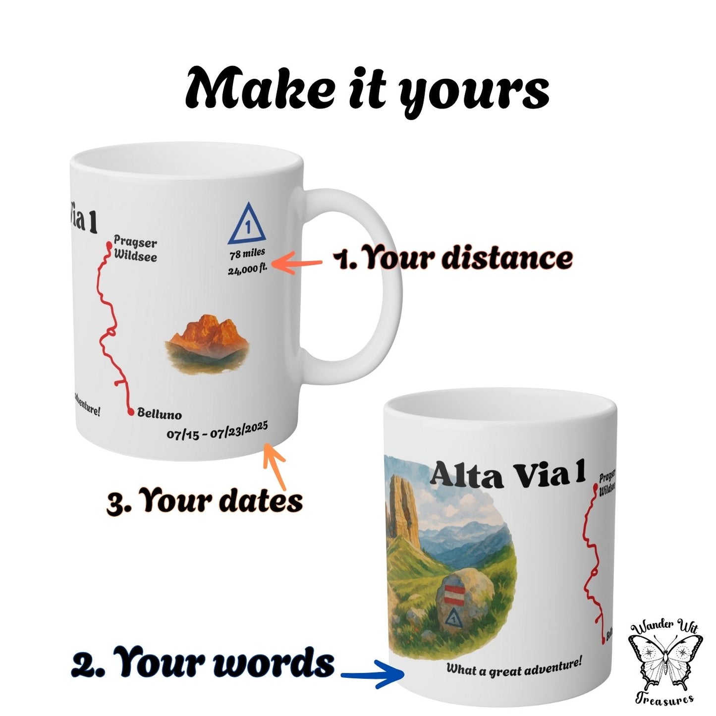 Mockup of the customizable Alta Via 1 mug with labels showing where you can add your distance, your travel dates, and your own words below the watercolor scene.