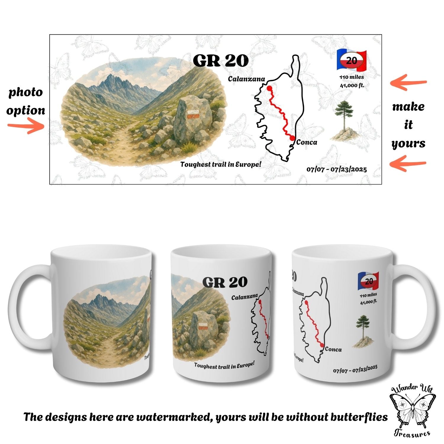 Full wraparound design for the GR20 mug including trail map, mountain illustration, and personalisation areas. Preview includes three product views.