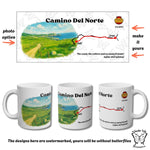 Flat layout of the Camino del Norte mug wrap: coastal watercolor, stylized trail map from Irun to Santiago, scallop shell icon.