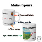 Personalization guide for the Camino del Norte mug: add trail stats, dates, short message, and optional photo.