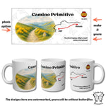 Flat layout of the full wrap design showing watercolor valley scene, red route line Oviedo to SdC, scallop shell icon, and space for dates/message.