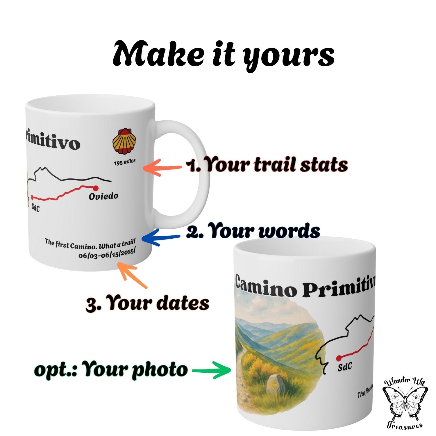 Personalization guide for the Camino Primitivo mug highlighting your trail stats, short message, dates, and optional photo swap.