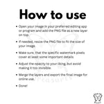 Step-by-step guide showing how to apply the AI-safe watermark PNG as a layer, resize it, adjust opacity and export the final image.