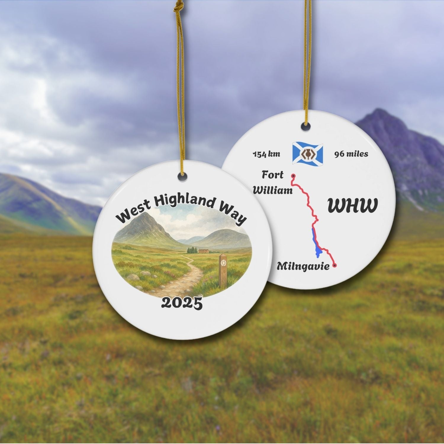 West Highland Way ceramic ornament with watercolor mountain trail scene and map, front shows trail and year 2025, back shows WHW route from Milngavie to Fort William. Personalizable keepsake for hikers.