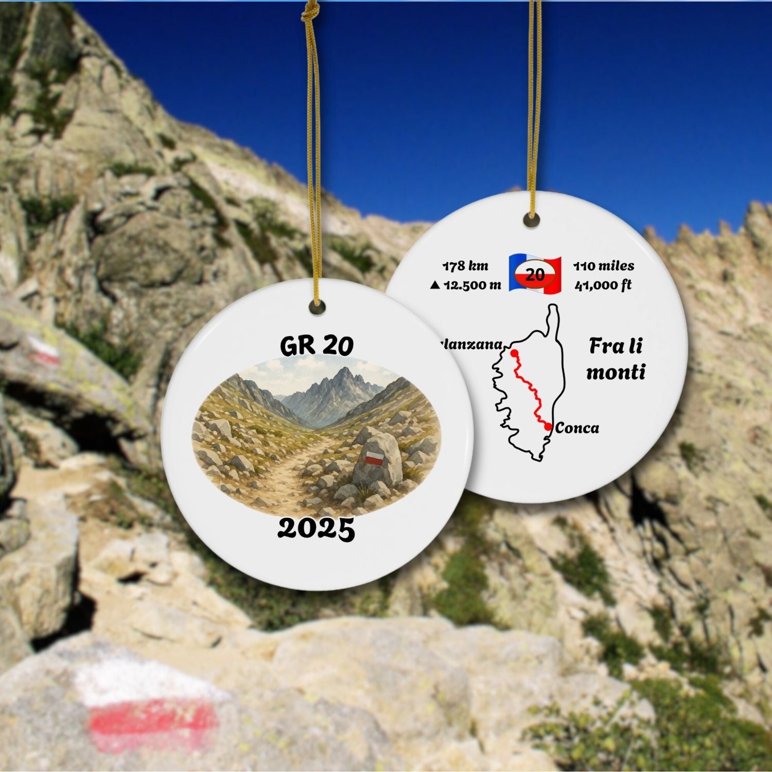 GR 20 trail ornament front and back shown outdoors with Corsican mountain background, watercolor hiking design and route map details.