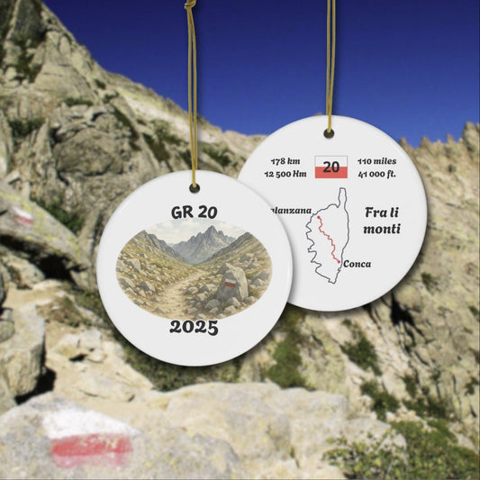 GR 20 trail ornament front and back shown outdoors with Corsican mountain background, watercolor hiking design and route map details.