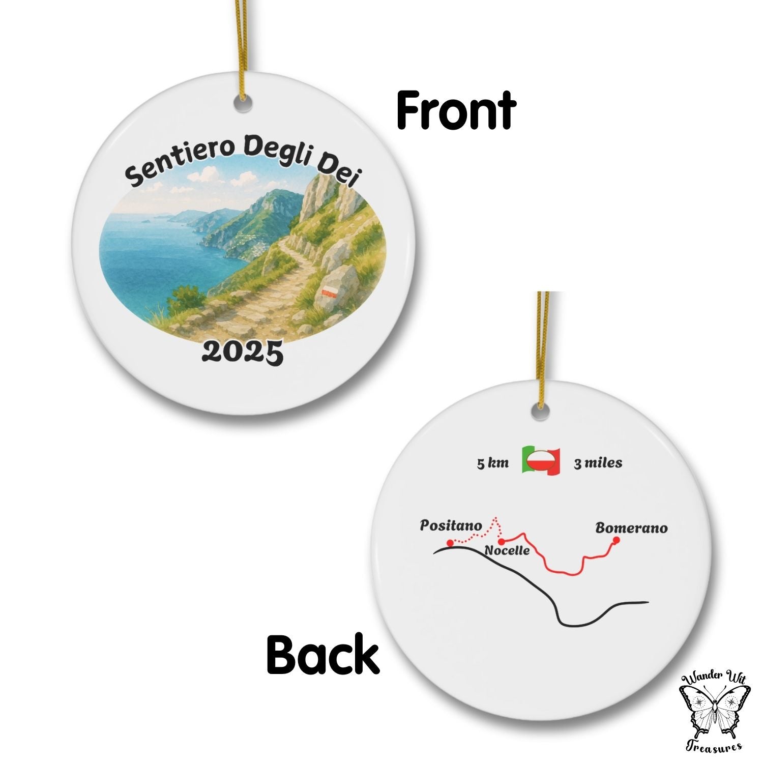 Double-sided Sentiero degli Dei ornament showing the Amalfi Coast trail watercolor on the front and the standard map from Bomerano to Positano on the back.