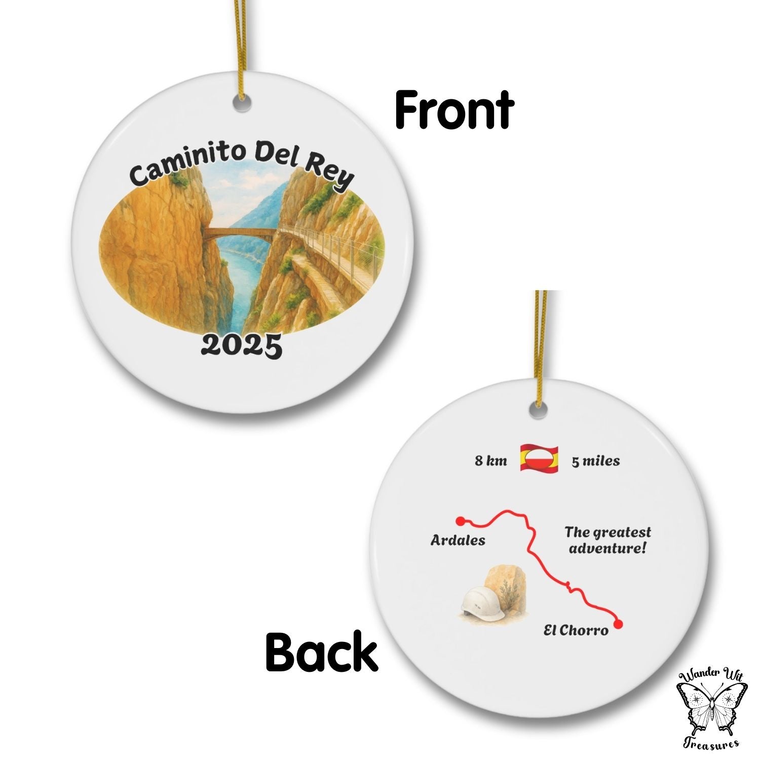 Front and back view of the Caminito del Rey ceramic ornament, showing the watercolor artwork and the detailed 8 km (5 mi) trail map between Ardales and El Chorro.