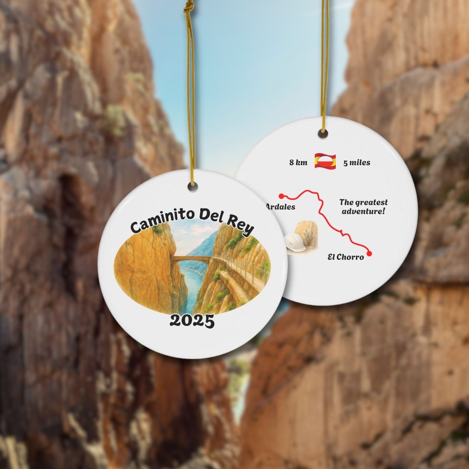 Caminito del Rey ornament featuring Spain’s famous cliff walkway, with a watercolor design on the front and trail map on the back. Double-sided ceramic keepsake with customizable photo and year.