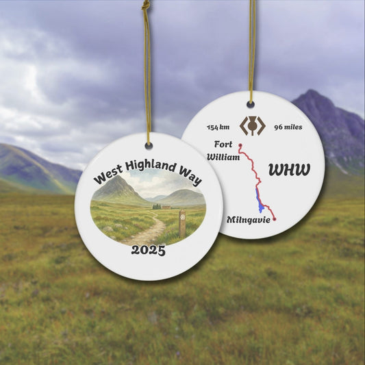West Highland Way ceramic ornament with watercolor mountain trail scene and map, front shows trail and year 2025, back shows WHW route from Milngavie to Fort William. Personalizable keepsake for hikers.
